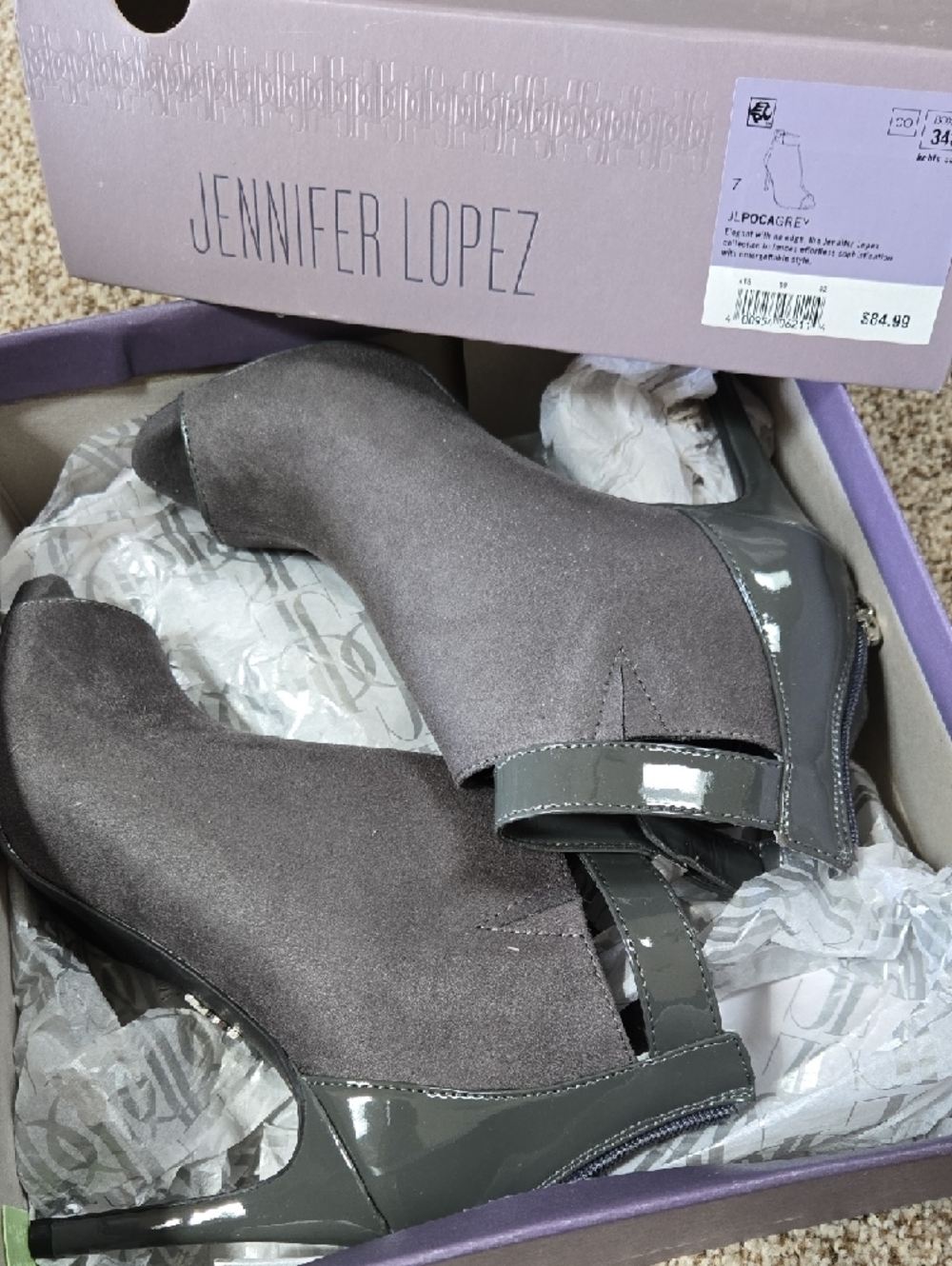 Jennifer Lopez Grey Peep-Toe Booties with Patent Trim - Picture 2 of 3
